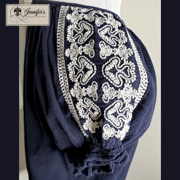 3/$25 Tommy Hilfiger Women's Navy Blue w/White Embroidery Front Tie Top Size L - Picture 6 of 10